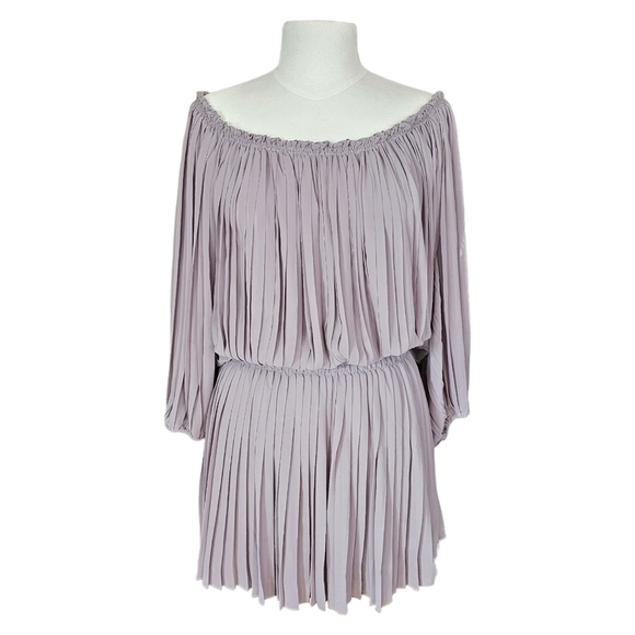 Max Studio Off Shoulder Peasant Balloon Sleeve Pleated Mini Dress Tan Size Small - Picture 1 of 16